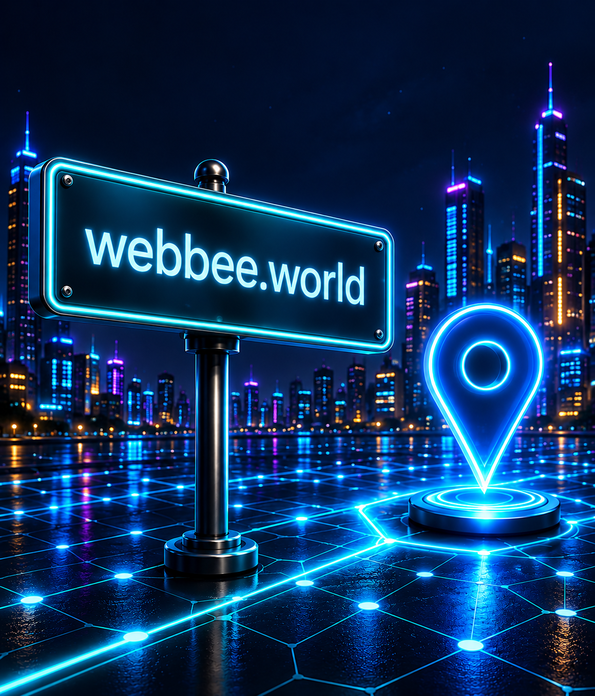 Leuchtendes Schild webbee.world mit digitaler Standortmarkierung