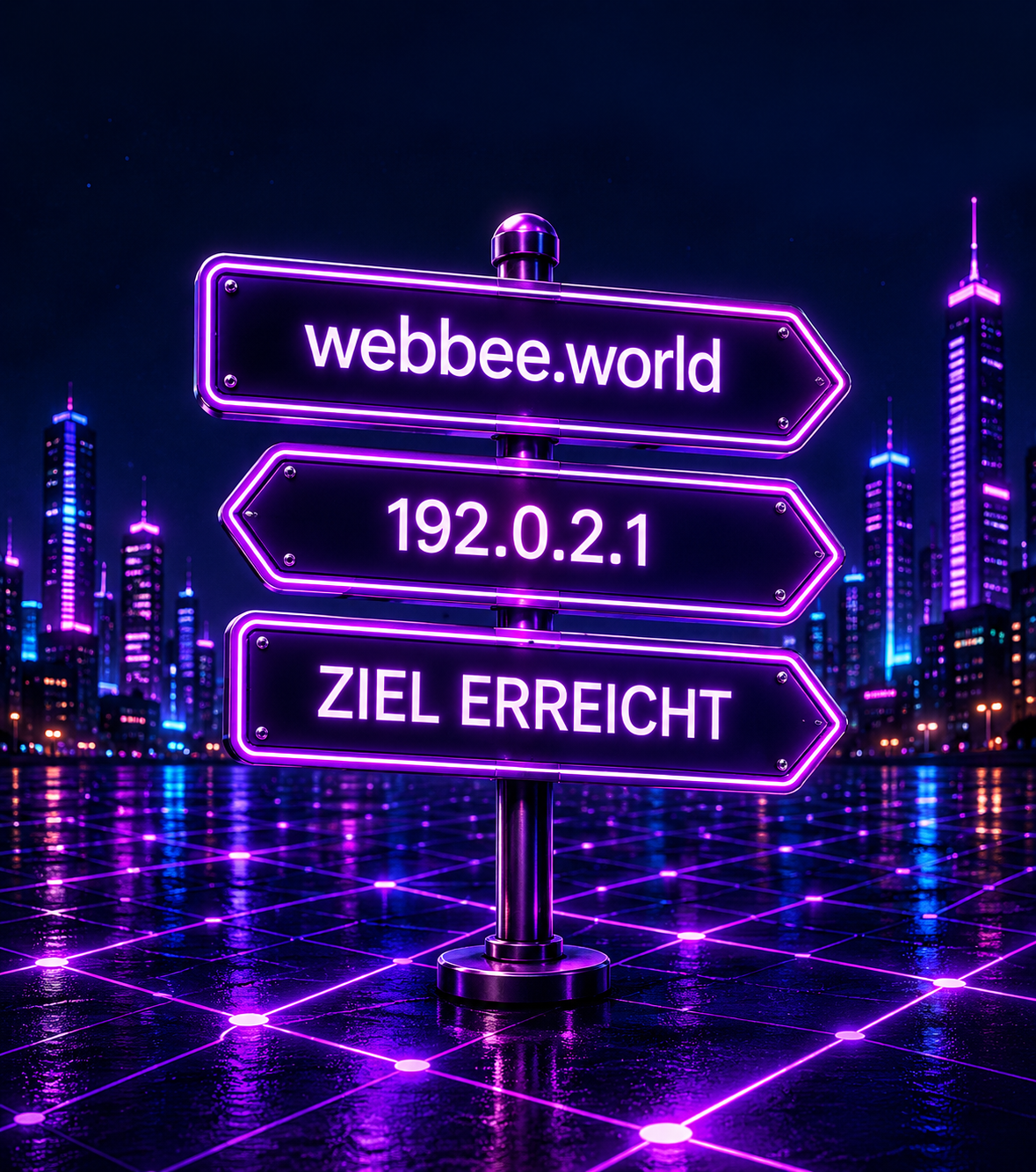 Violette Wegweiser von webbee.world zur IP-Adresse